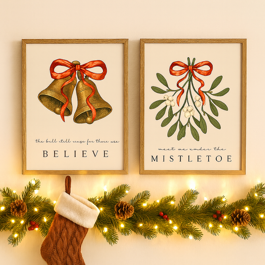 Christmas Wall Art Set | “Believe” Bell Print & “Meet Me Under the Mistletoe” | Vintage Holiday Decor | Festive Red Bow Printables